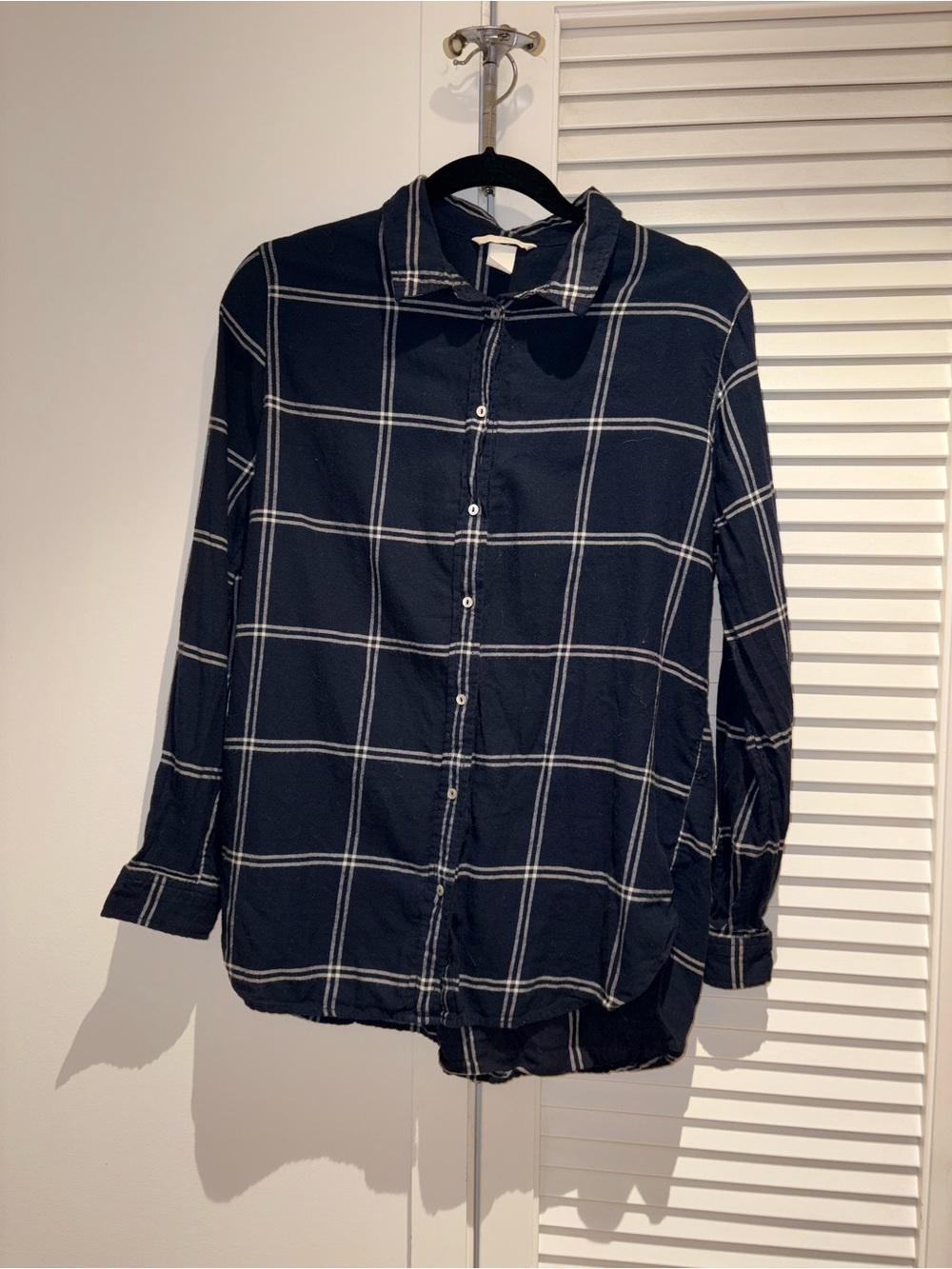 H&M Women’s Navy Windowpane Button-Up Shirt - Casual Long Sleeve